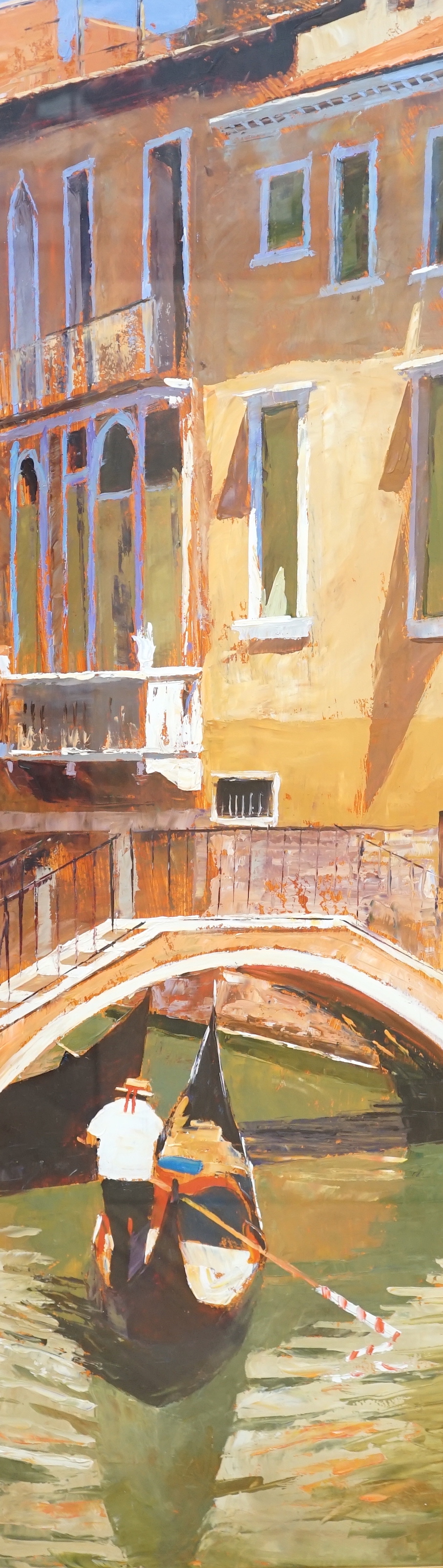 Jeremy Sanders (b.1969), oil on board, 'Under the Bridge, Venice', initialled, 98 x 28cm